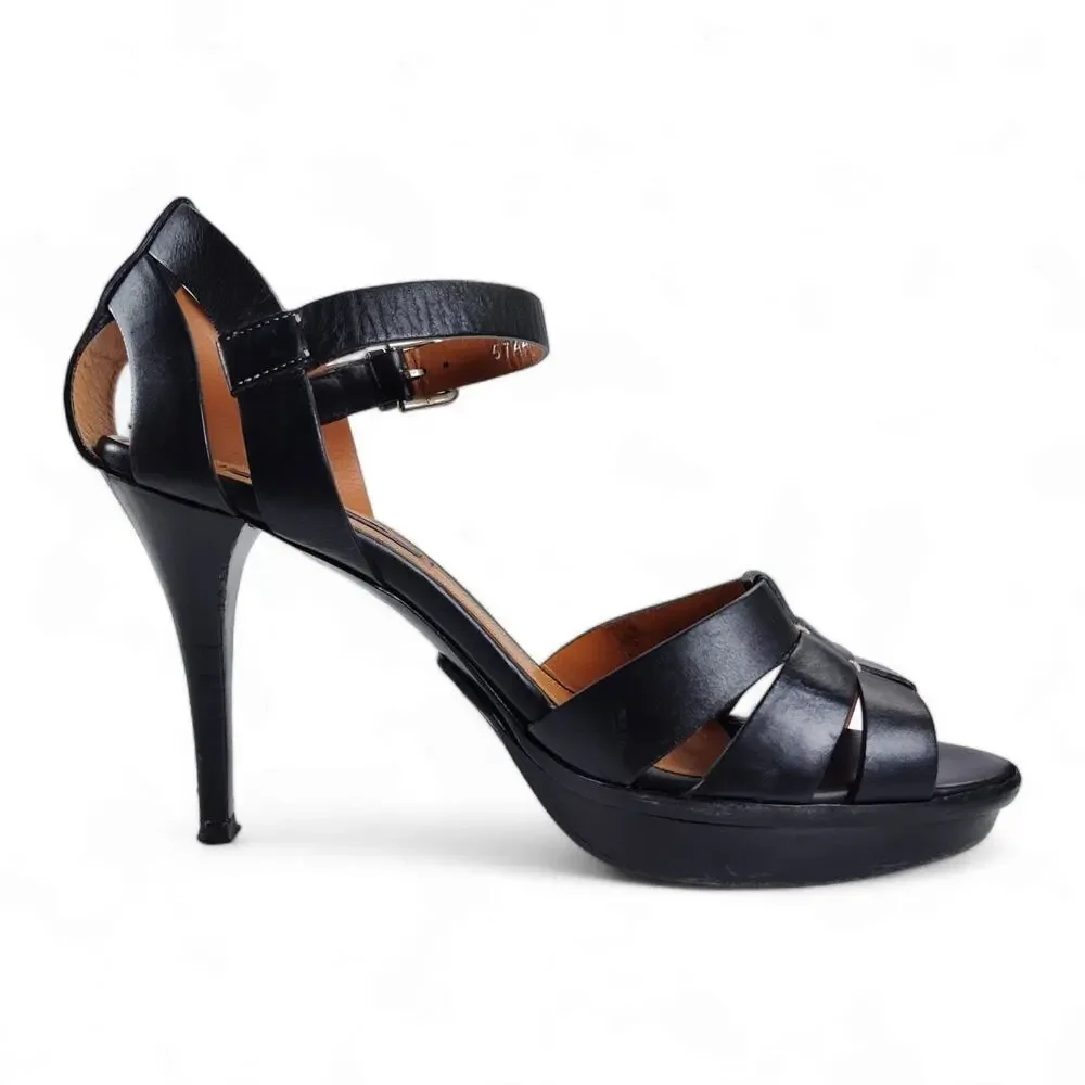 Ralph Lauren Collection Black Leather Platform Heels Ankle Strap Italy EU40